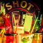 Fünf Shot-Mate-Drinks mit verschiedenen Flaschen und farbigen Booze Dock Aufsätzen vor großem Logo im Hintergrund.